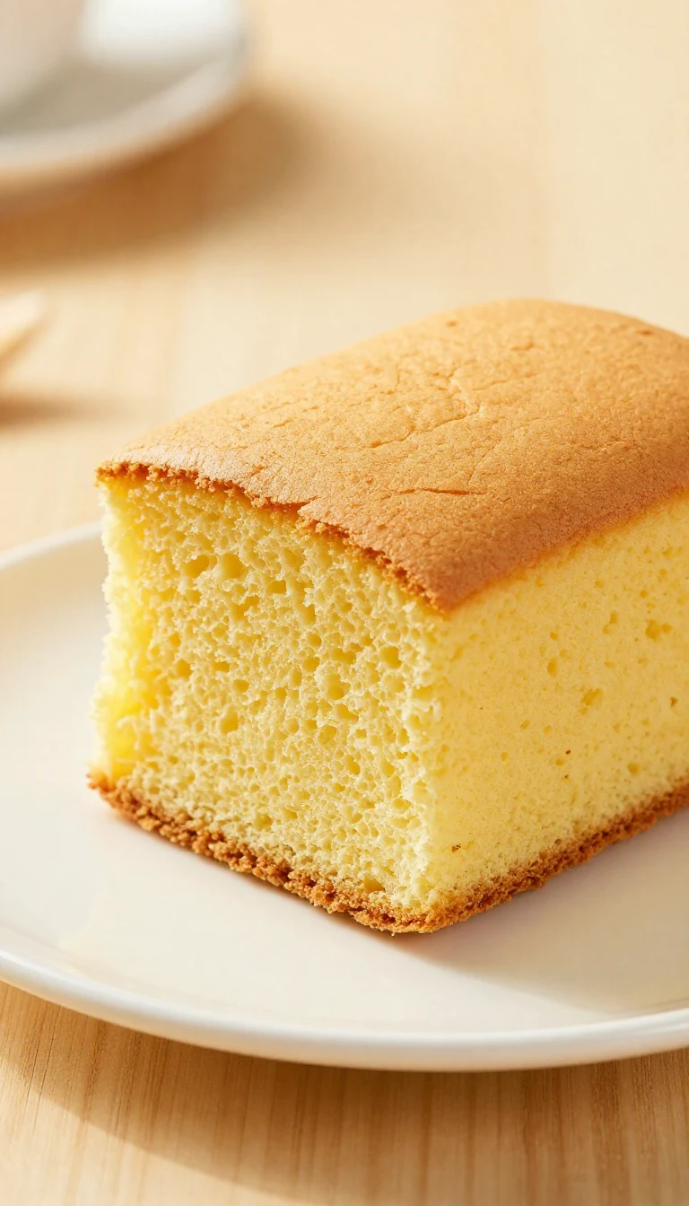 Uma fatia de pão de ló sobre um prato branco decorado com frutas