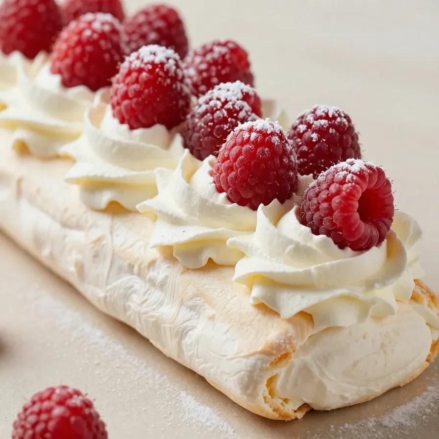 Rocambole de merengue decorado com frutas frescas e folhas de hortelã sobre uma mesa de madeira.
