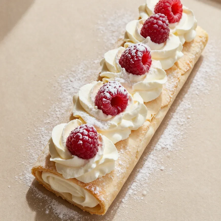 Rocambole de merengue decorado com frutas frescas e folhas de hortelã sobre uma mesa de madeira.