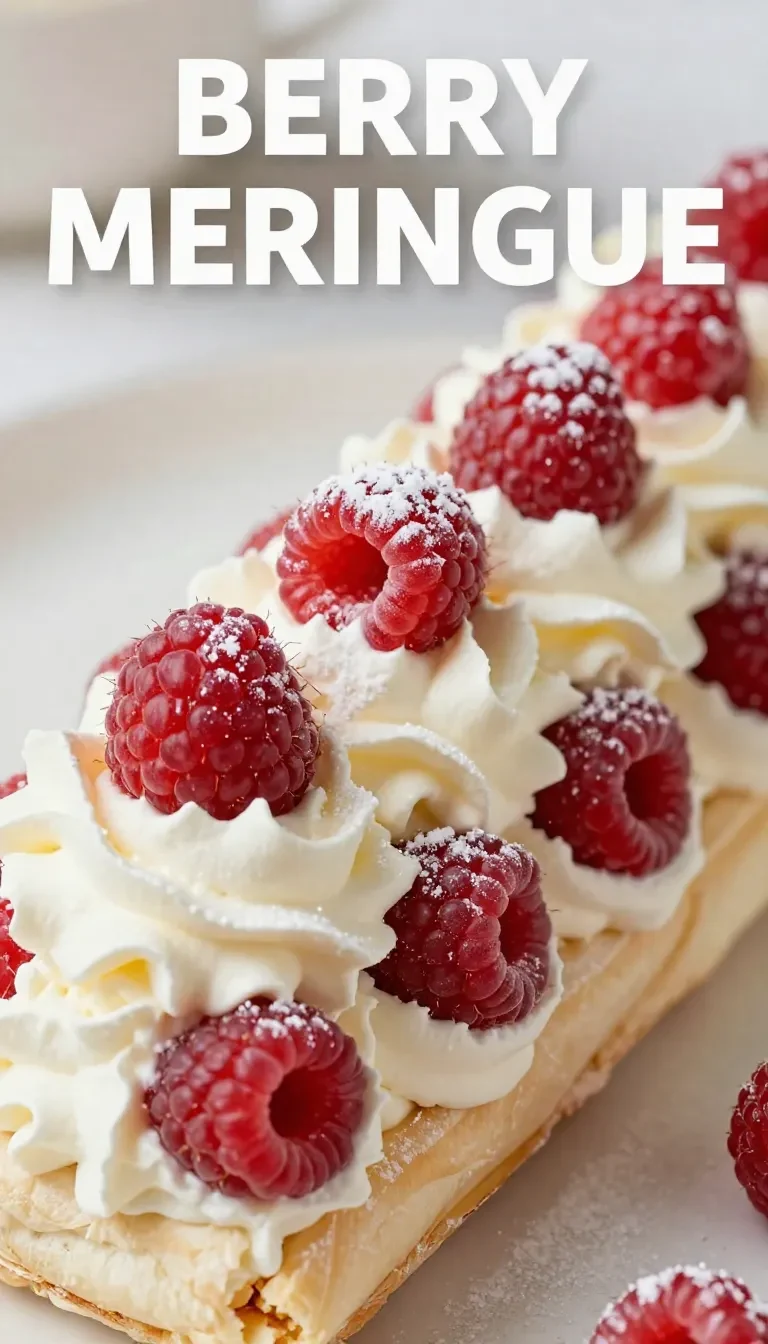 Rocambole de merengue decorado com frutas frescas e folhas de hortelã sobre uma mesa de madeira.