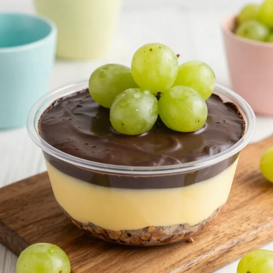 Imagem de uma travessa com bombons de uva decorados com chocolate.
