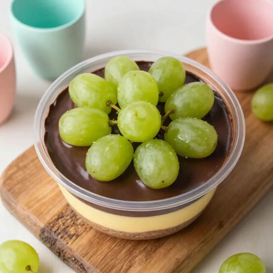 Imagem de uma travessa com bombons de uva decorados com chocolate.