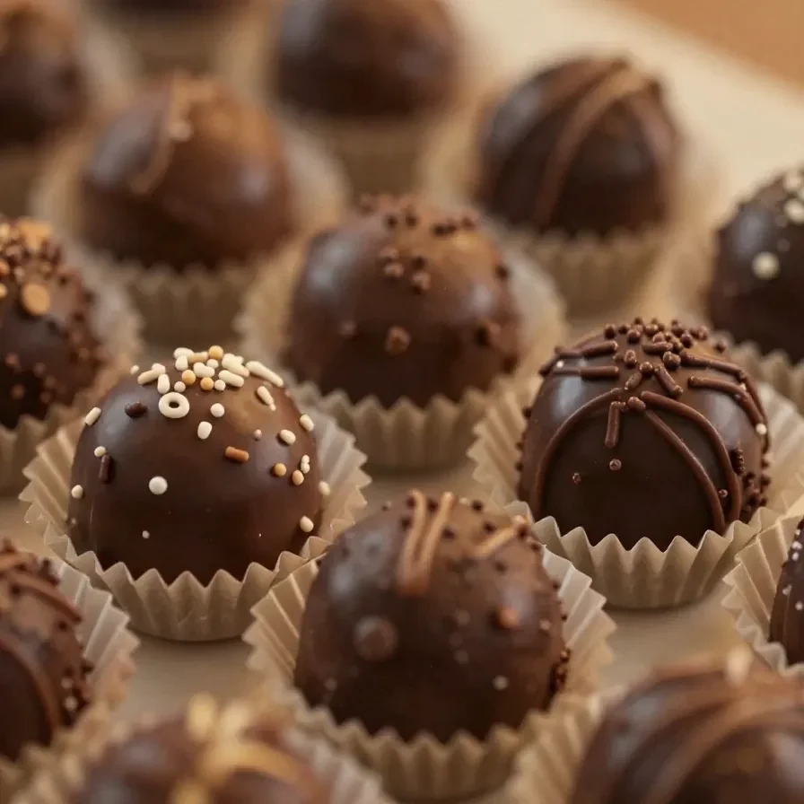 Imagem mostrando brigadeiros brasileiros em uma bandeja decorada com granulados de chocolate.