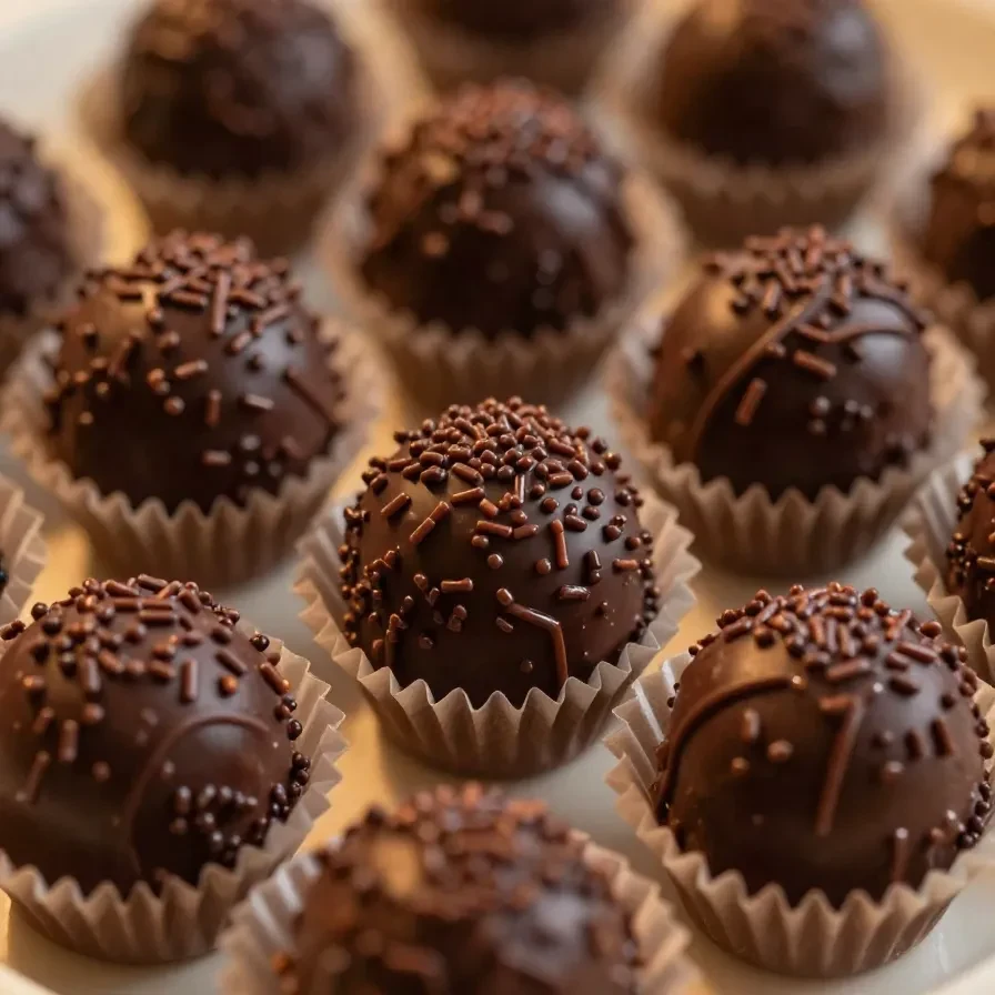 Imagem mostrando brigadeiros brasileiros em uma bandeja decorada com granulados de chocolate.
