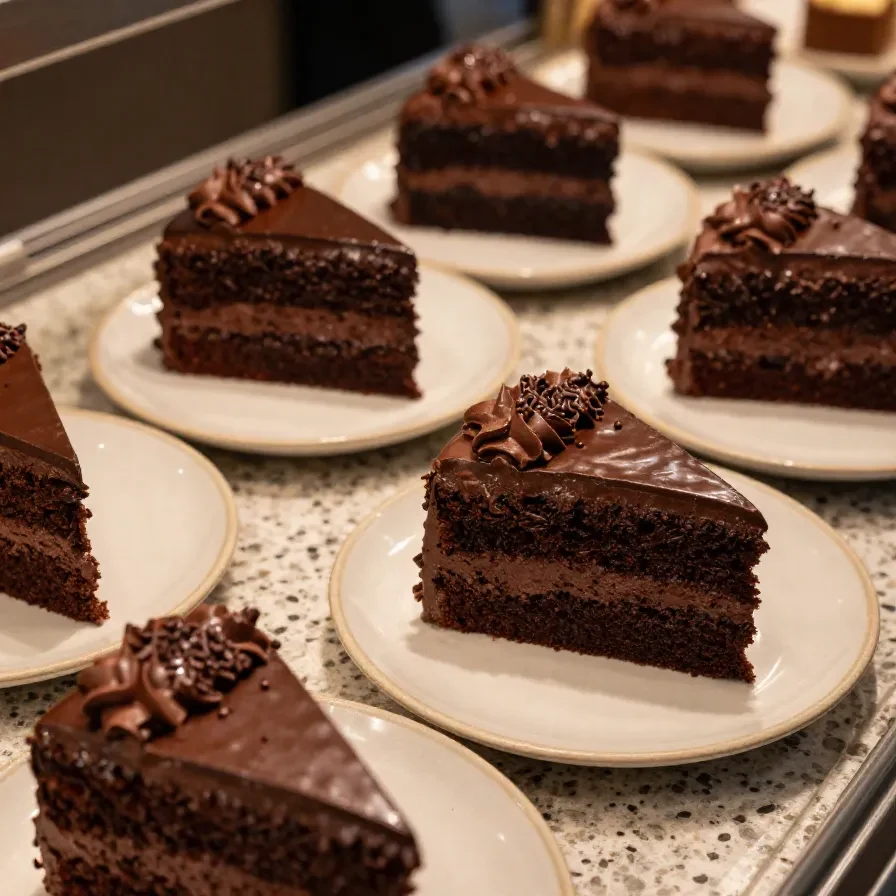 Bolo gelado de brigadeiro decorado com granulado de chocolate e servido em uma bandeja.
