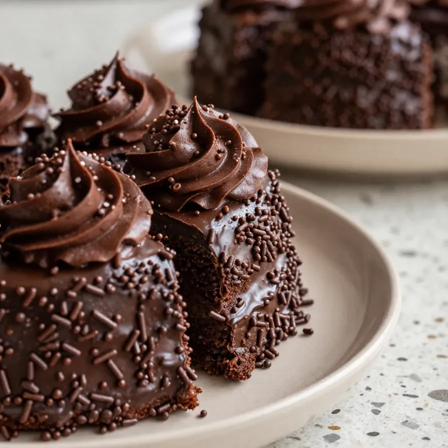Bolo gelado de brigadeiro decorado com granulado de chocolate e servido em uma bandeja.