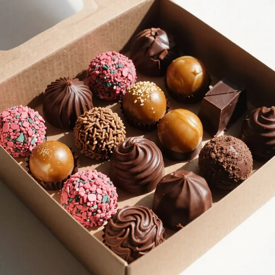 Imagem de brigadeiros gourmet em diferentes sabores e cores em uma mesa de madeira.