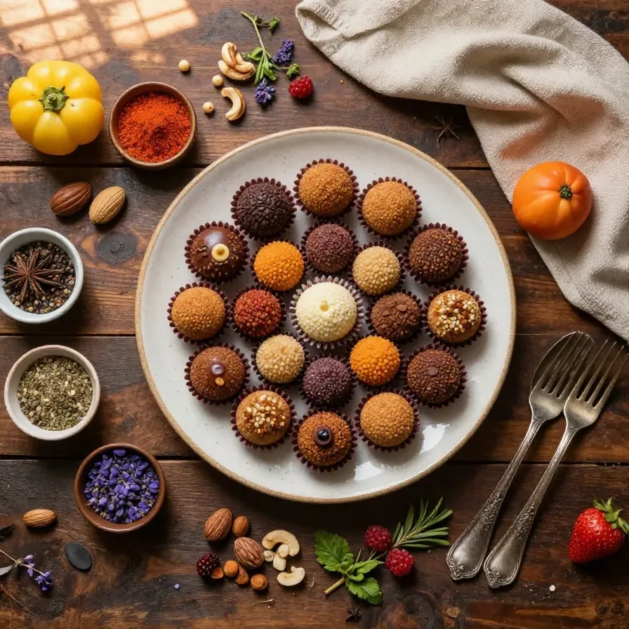 Brigadeiros artesanais em uma mesa, simbolizando superação e criatividade.