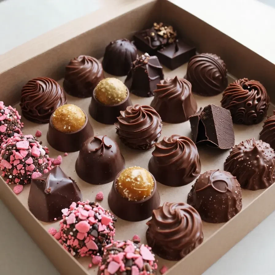Imagem de brigadeiros gourmet em diferentes sabores e cores em uma mesa de madeira.